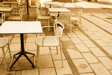Restaurant outdoor terrace in city centre.Summer season. High quality photo