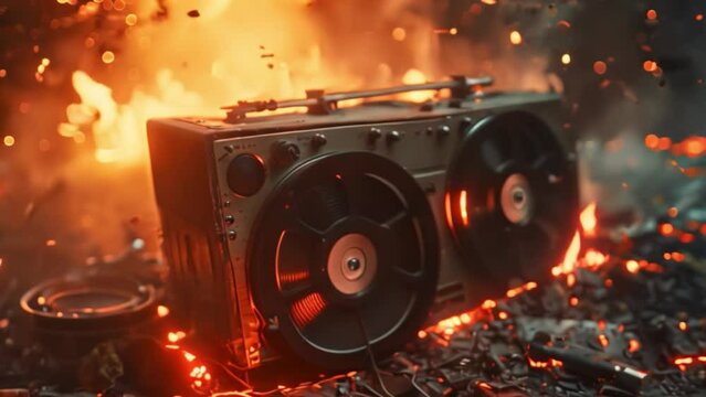 A speaker sits atop a jumbled pile of debris, surrounded by scattered materials like wood, metal, and rubble.