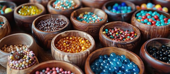 Fototapeta premium Colorful beads displayed in wooden bowls