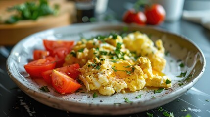 Breakfast featuring scrambled eggs and tomato