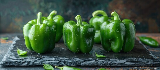 Fresh green bell peppers on slate
