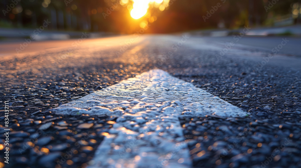 Poster Close-up of a road at sunset, focusing on the texture and white lines with a bokeh background