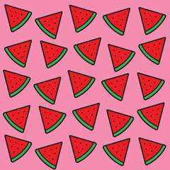 Vector pattern of watermelon slices. Cute red watermelons on a pink background, design for wrapping paper, fabric, textiles, prints and wallpaper