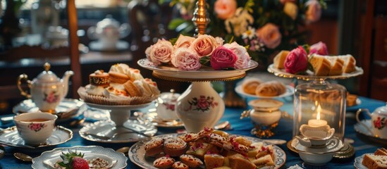 Elegant high tea party table setting with roses and pastries