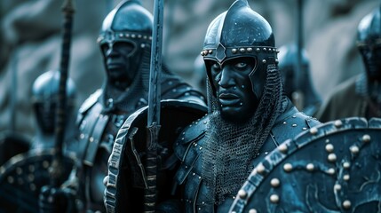 Male Medieval metal armoured knights in black full plate armour with shields and swords