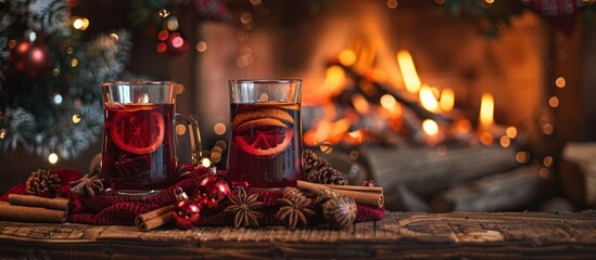 Christmas mulled wine by a cozy fireplace