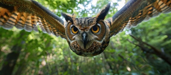 Photo of a Eurasian Eagle Owl flying with wings spread in a forest captured with a wide angle lens --ar 16:7 --stylize 250 Job ID: 3c925664-37a5-4e91-b76a-faf658e8d428 - Powered by Adobe