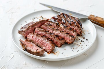 Steak On White Plate. Grilled Meat Slices Ready to Serve After Barbecue