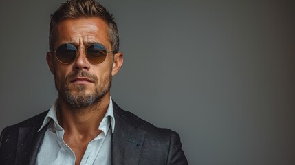 Obraz premium Gray background with a confident businessman wearing a suit and sunglasses