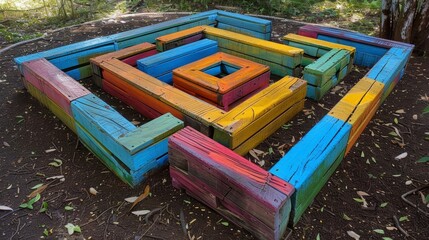 A maze created from discarded pallets and painted with vibrant colors.