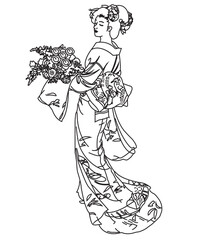 Geisha in Japanese kimono. Traditional girl dress in Japan. Beautiful Asian costume. Female character with oriental national style. Beautiful lady for kabuki linear illustration