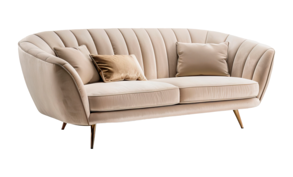 Luxurious beige designer sofa with plush cushions, perfect for a modern living room. Features sleek lines, fine stitching, and elegant design, ideal for comfort and style in any high-end interior.