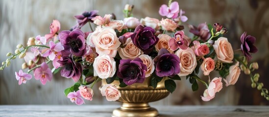 Pink roses and purple orchids in a golden vase