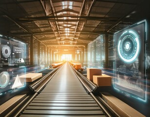 Futuristic warehouse interior with conveyor belts transporting packages among glowing holographic displays and digital interfaces.Logistics concept