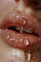 Fototapeta premium Summer Lips. Close-up of Woman's Lips with Water Droplets for a Fresh Look