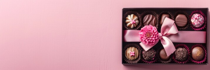 Flowers And Chocolate. Box of Different Sweet Truffles with Pink Ribbon Bow on Pink Background