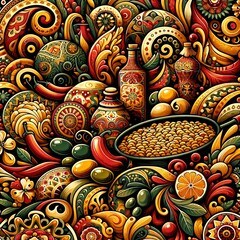 An abstract pattern inspired by Spanish cuisine, featuring a vibrant palette of paprika red, saffron yellow, olive green, and rich brown, creating a lively, appetizing and culturally rich design