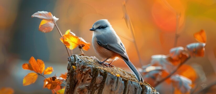 A long-tailed tit sits perched on a tree stump with a blurred background of autumn leaves.