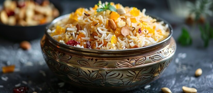 Kashmiri modur pulao in a silver bowl