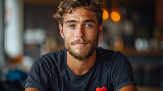 The young man in the advertisement is wearing a black t-shirt and a red heart. It depicts a generation Z finding love on Valentine's Day