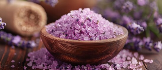 Lavender scented sea salt in a wooden bowl