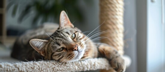 Tabby cat relaxing on carpeted surface