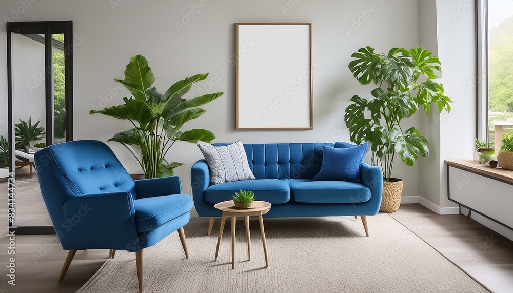 Wall mural Modern living room is furnished with stylish furniture and decorative plants,presenting a cosy yet contemporary design.Neutral backdrop a blue armchair,sofa with cushions and a blank picture frame