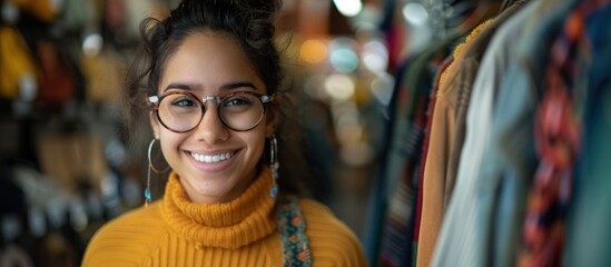 Obraz premium A young Hispanic woman with a bright smile and glasses stands confidently in a clothing store.