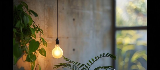 Single light bulb illuminating plant in room