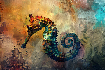 A colorful seahorse is painted on a black background