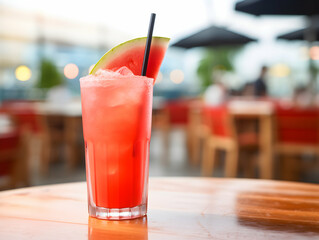 A Glass of watermelon juice with slice of watermelon, Refreshing and healthy watermelon  juice ice in a glass with summer background, watermelon juice photo