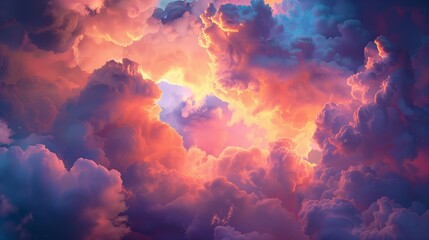 Fototapeta premium Dreamlike cloudscape with a mystical glow - A mystical cloud formation illuminated with a soft, ethereal glow, giving a dreamlike impression in a vibrant, surreal setting