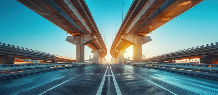 Modern multilevel road junction at sunset