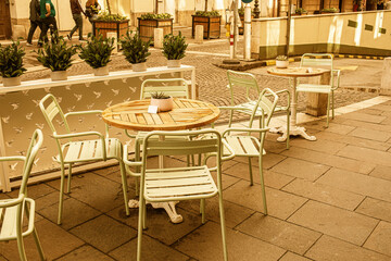 Restaurant outdoor terrace in city centre.Summer season. High quality photo