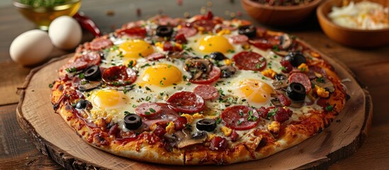 Pizza with eggs, salami, olives, and mushrooms