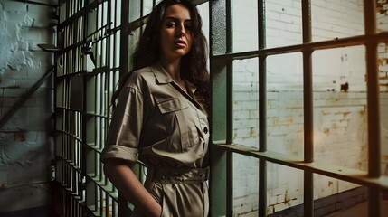 Fototapeta premium Female Prisoner In Orange Jumpsuit Locked Up Behind Bars (Generative AI)