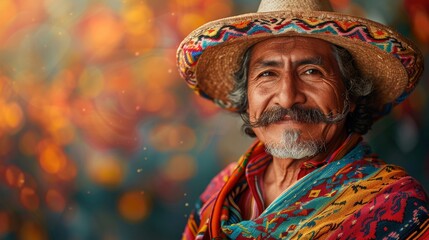 A mexican party banner, a man with a mustache dressed in Mexican style, and a Cinco de Mayo banner