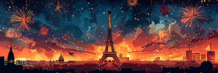 Horizontal banner. Bastille Day, celebration of the French National Day. Fireworks over Paris against the backdrop of the Eiffel Tower and a panorama of the city. Holiday illustration