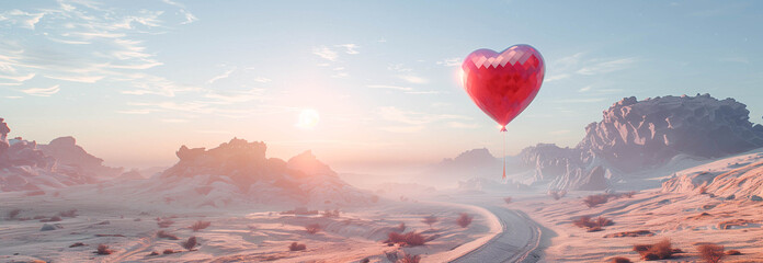 Fototapeta premium Sci-fi background with a red heart-shaped flying balloon on a desert trail