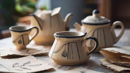 Fototapeta premium A table with a couple of cups and saucers on it, AI
