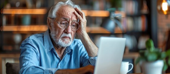Stressed elderly man working on laptop