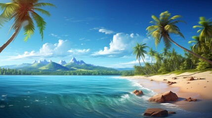 Idyllic Tropical Beach: Picturesque Coastal Scenery with Palm Trees and Mountain Backdrop