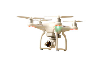 White quadcopter drone with a camera, captured mid-flight. Perfect for technology and photography themes. Isolated on transparent background. 