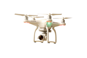 White quadcopter drone with a camera, captured mid-flight. Perfect for technology and photography themes. Isolated on transparent background. 