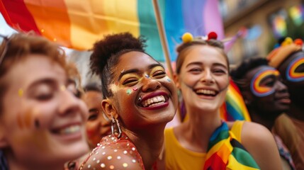group of people of different ethnicities with the LGBT flag giving each other a hug