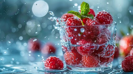On a blue background, berries are splashing water from a glass