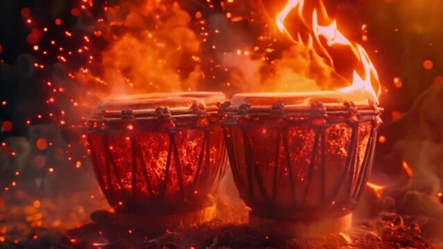 Two sizeable drums placed in front of a blazing fire, creating a warm and rhythmic ambiance.