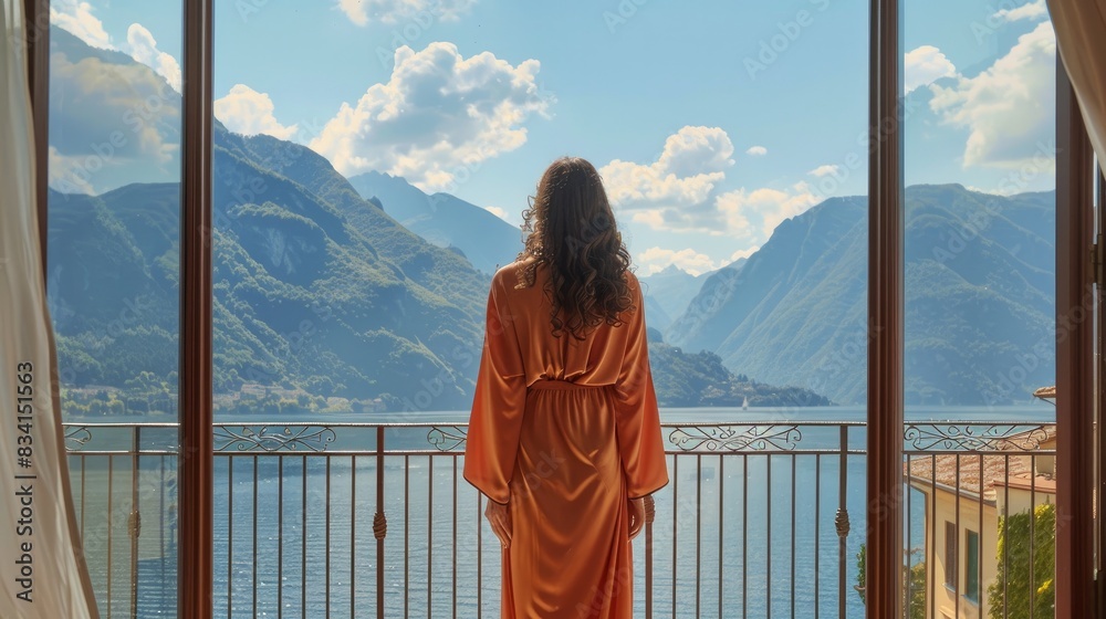 Wall mural a fit girl in a silk robe stands on the open balcony on a sunny day, a balcony is overlooking the mo