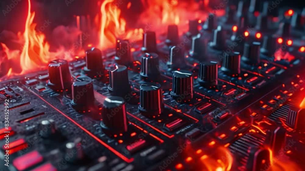 Aufkleber DJ mixing console featuring brightly lit knobs and sliders, surrounded by vivid flames and sparks, creating an intense and dynamic atmosphere.
