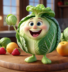 Cartoon Cabbage Character with Bubbles